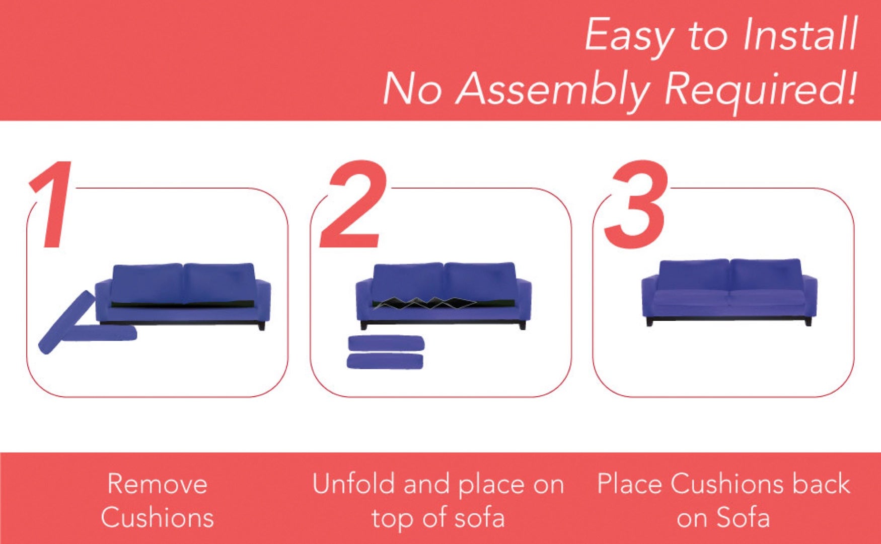 An illustrated guide showing how to install the cushion support product on a sofa.